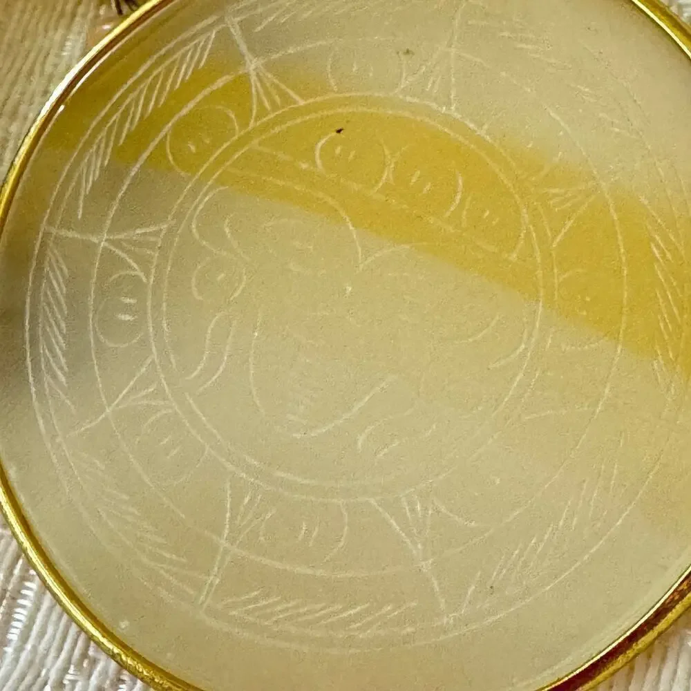 Vintage Carved Aztec Sundial Pendant Mexican Sun White Agate Etched Necklace